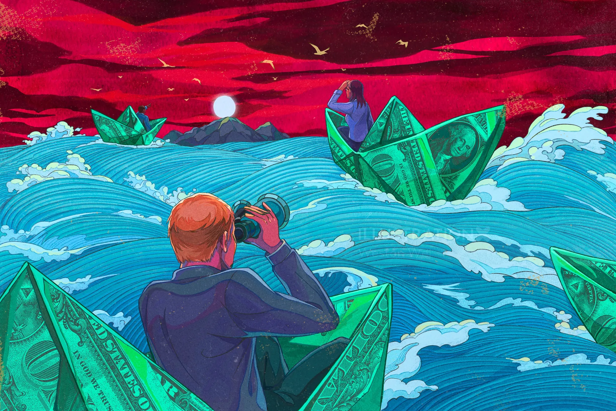 Person in boat made of money looking at dollar bill boats in ocean