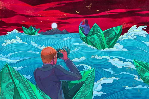 Person in boat made of money looking at dollar bill boats in ocean