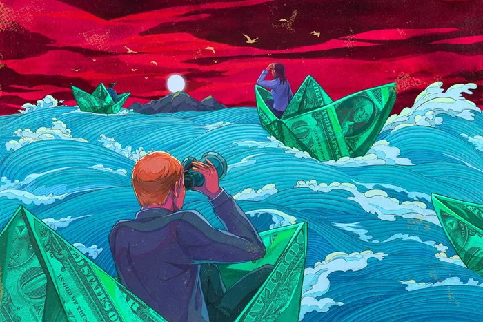 Person in boat made of money looking at dollar bill boats in ocean
