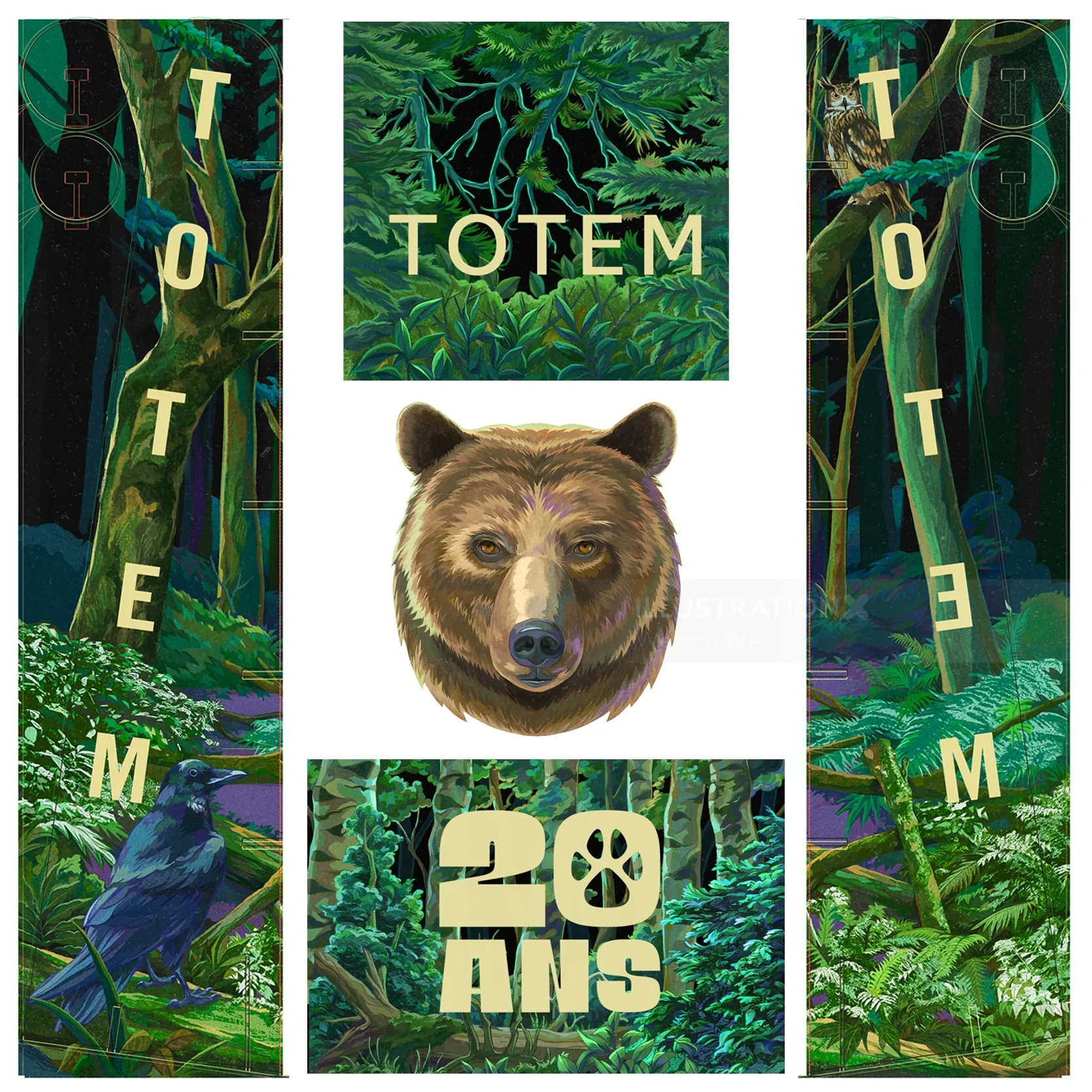 Illustration of a bear, raven, and forest with text Totem 20 ans