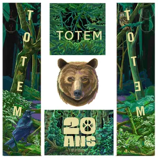 Illustration of a bear, raven, and forest with text Totem 20 ans