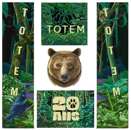 Illustration of a bear, raven, and forest with text Totem 20 ans