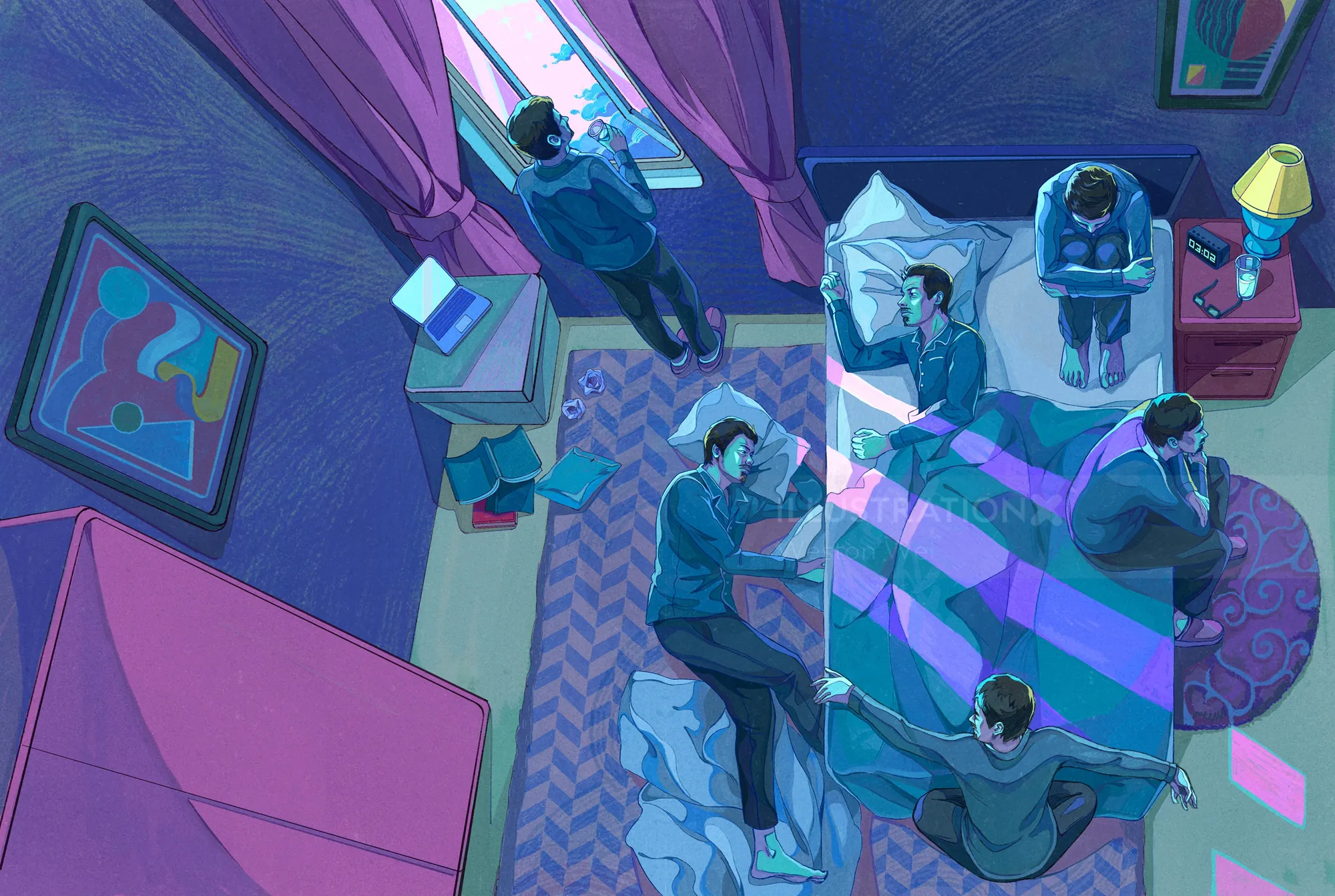 People in a dimly lit room struggling with sleeplessness at night