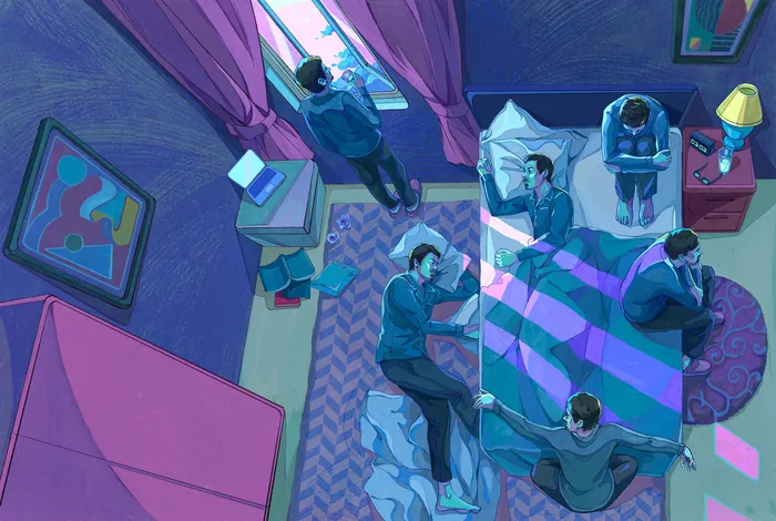 People in a dimly lit room struggling with sleeplessness at night