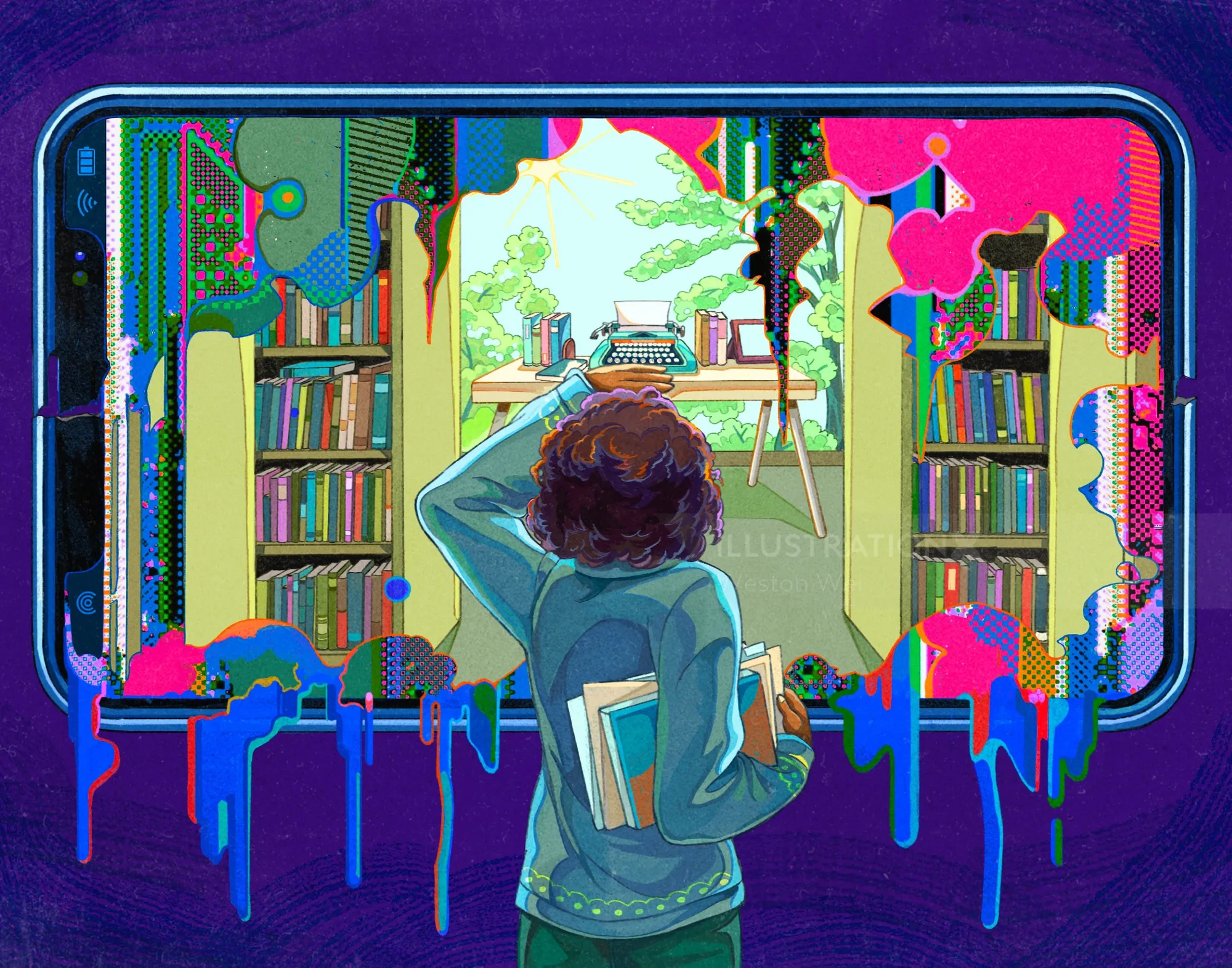Person exploring a colorful melting smartphone screen displaying a library