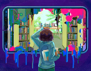 Person exploring a colorful melting smartphone screen displaying a library