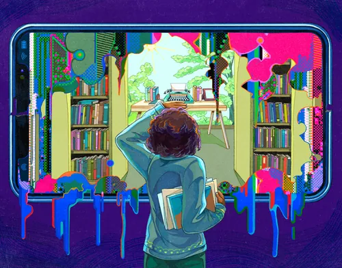 Person exploring a colorful melting smartphone screen displaying a library