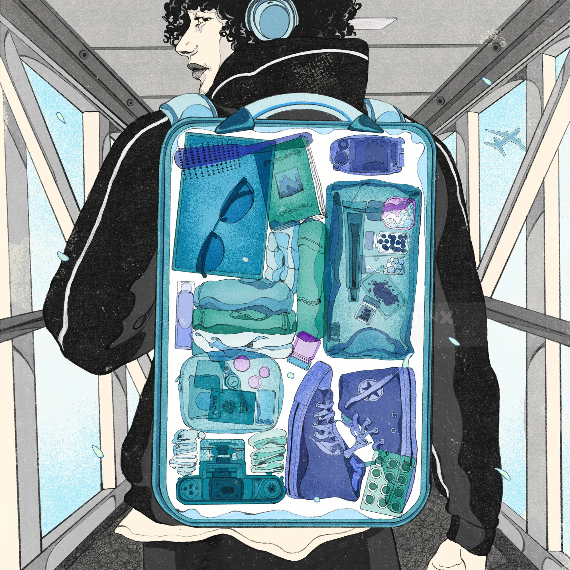 Traveler seen from behind with transparent carry-on showing packed items