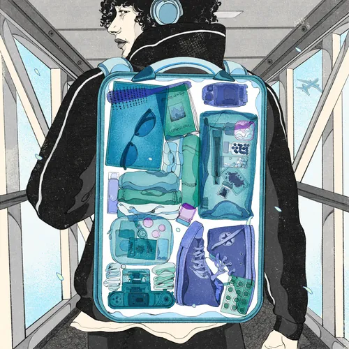 Traveler seen from behind with transparent carry-on showing packed items