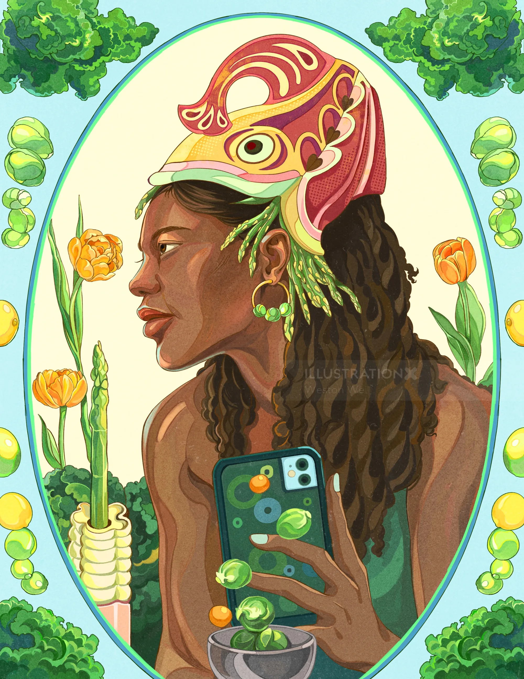 Portrait of woman holding smartphone surrounded by plants and flowers
