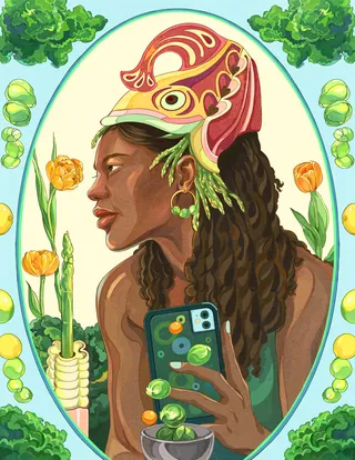Portrait of woman holding smartphone surrounded by plants and flowers