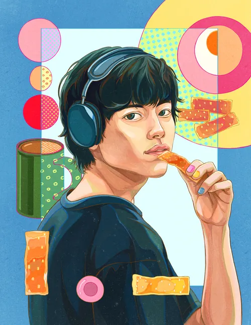 Young person wearing headphones eating a snack with colorful abstract shapes