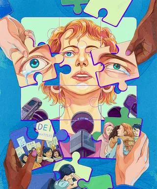 Puzzle pieces forming a woman's face with diverse hands assembling it