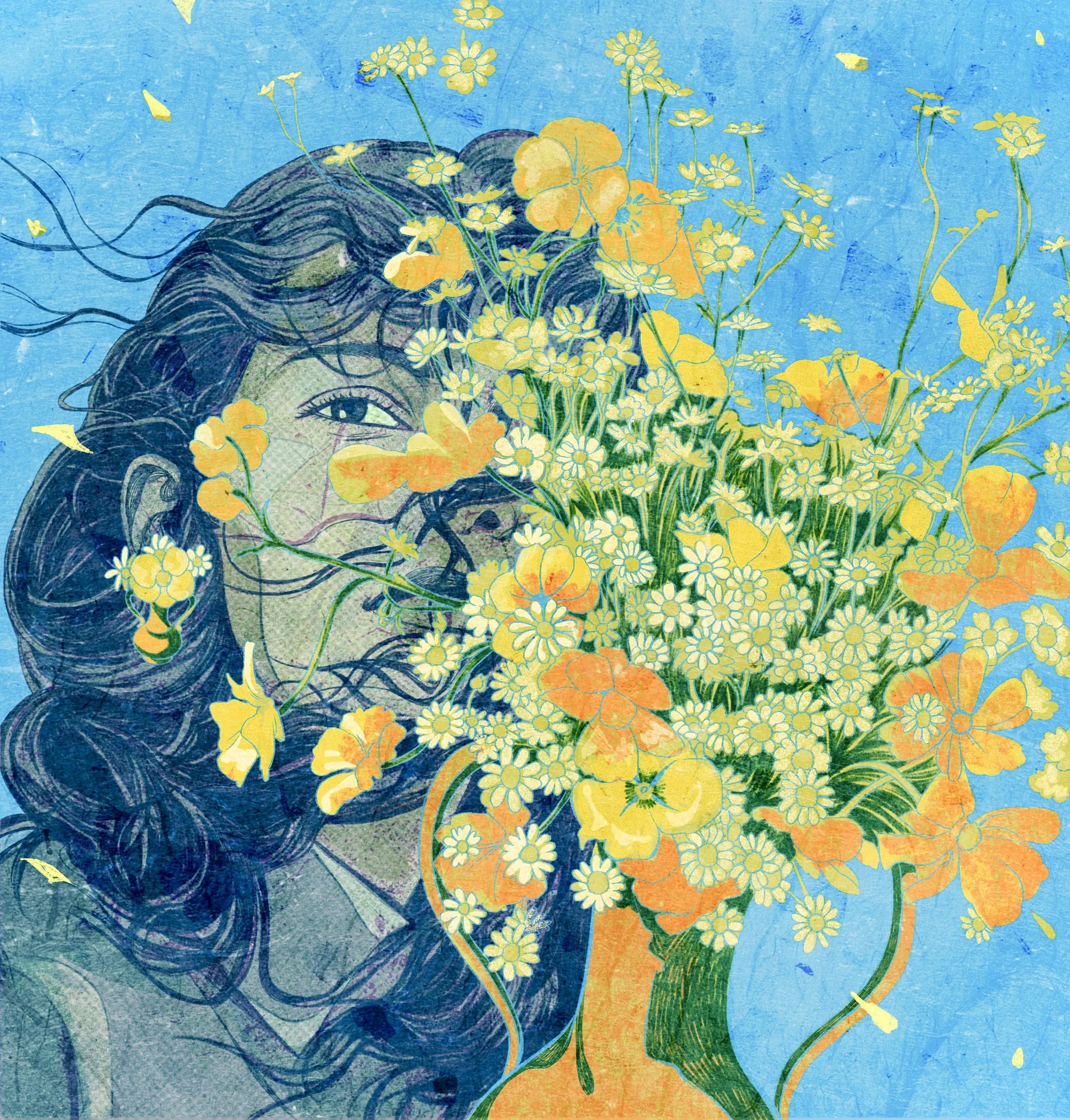 Portrait of a woman partially hidden by a vibrant bouquet of yellow flowers