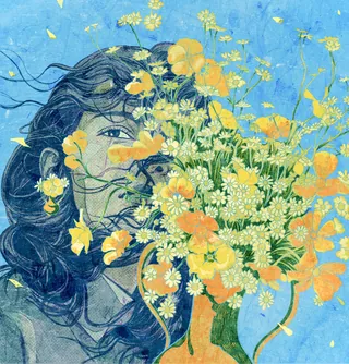 Portrait of a woman partially hidden by a vibrant bouquet of yellow flowers