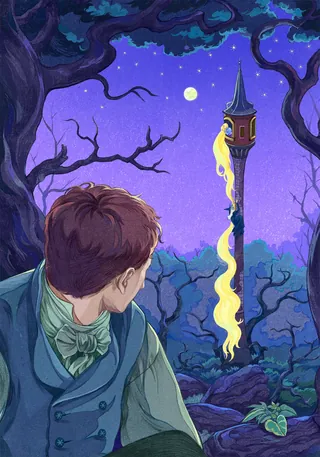 Rapunzel letting down long golden hair from tower at night