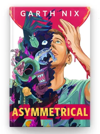 Book cover with man and colorful abstract creature emerging