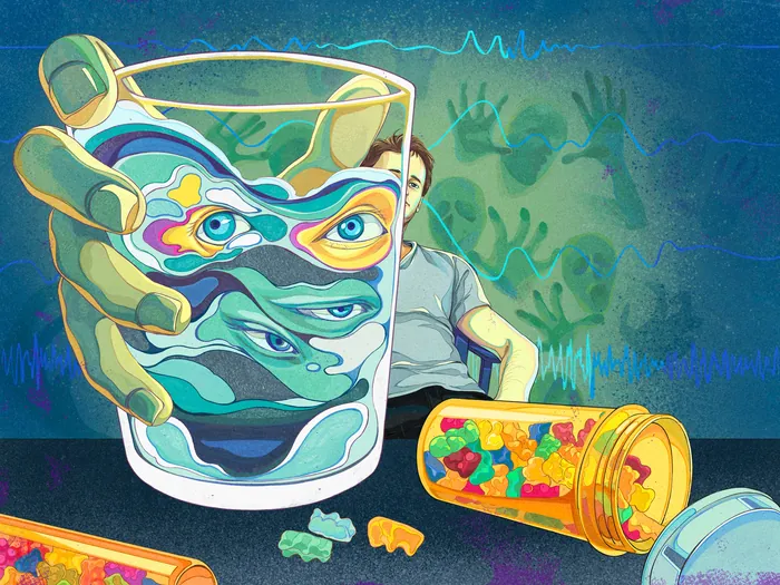 Hand holding glass with distorted faces and spilled pills nearby