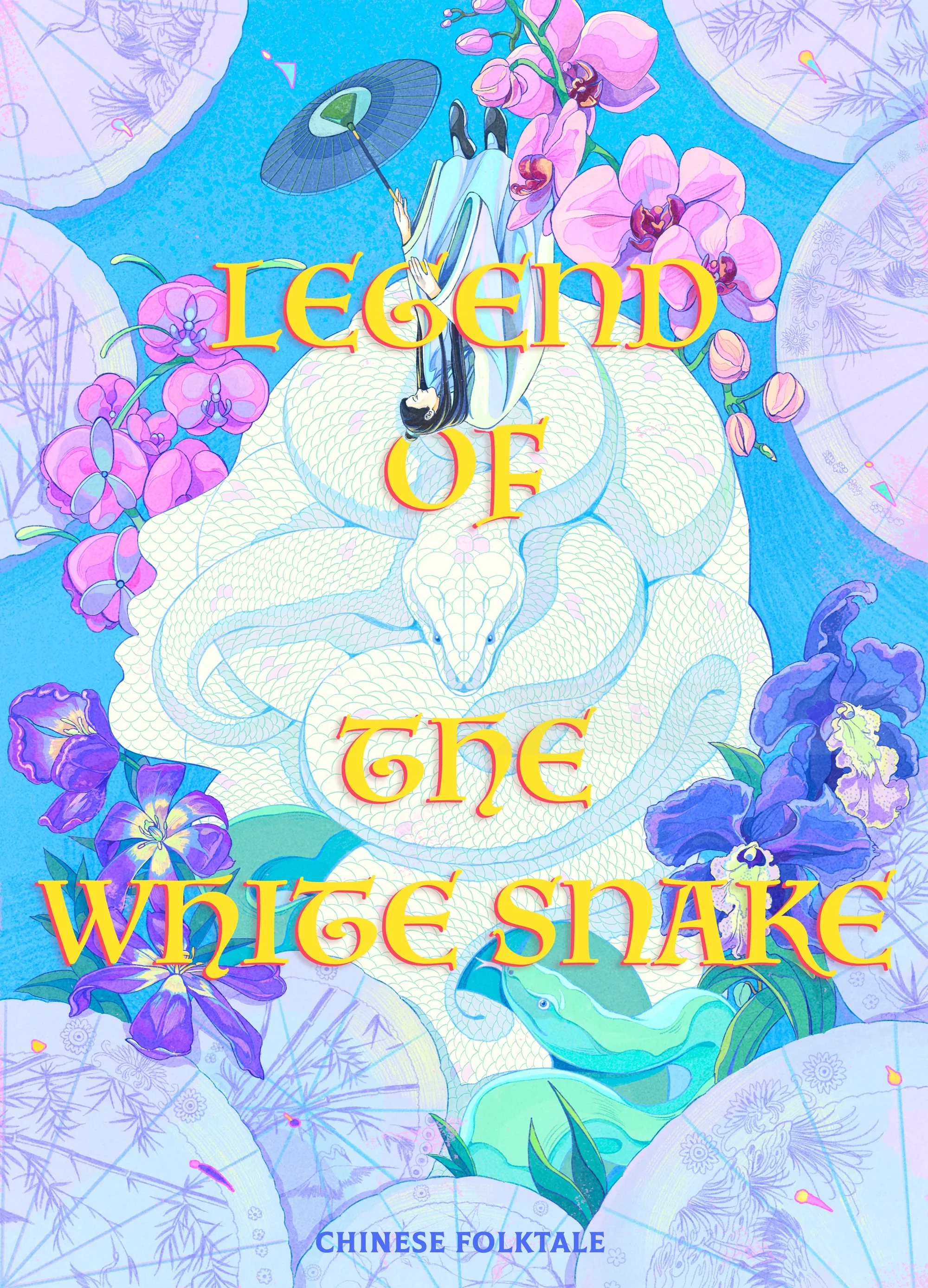 White snake coiled with purple flowers and text Legend of the White Snake