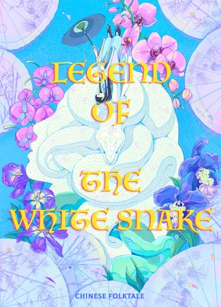 White snake coiled with purple flowers and text Legend of the White Snake