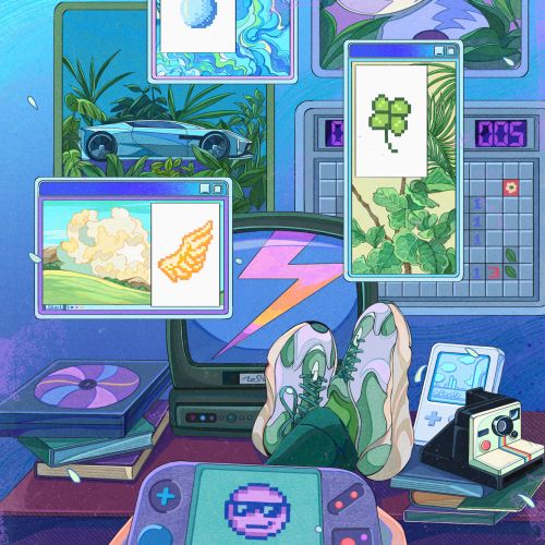 Retro computer and gaming setup with plants and digital art screens