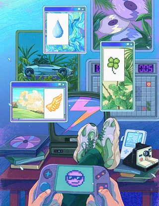 Retro computer and gaming setup with plants and digital art screens