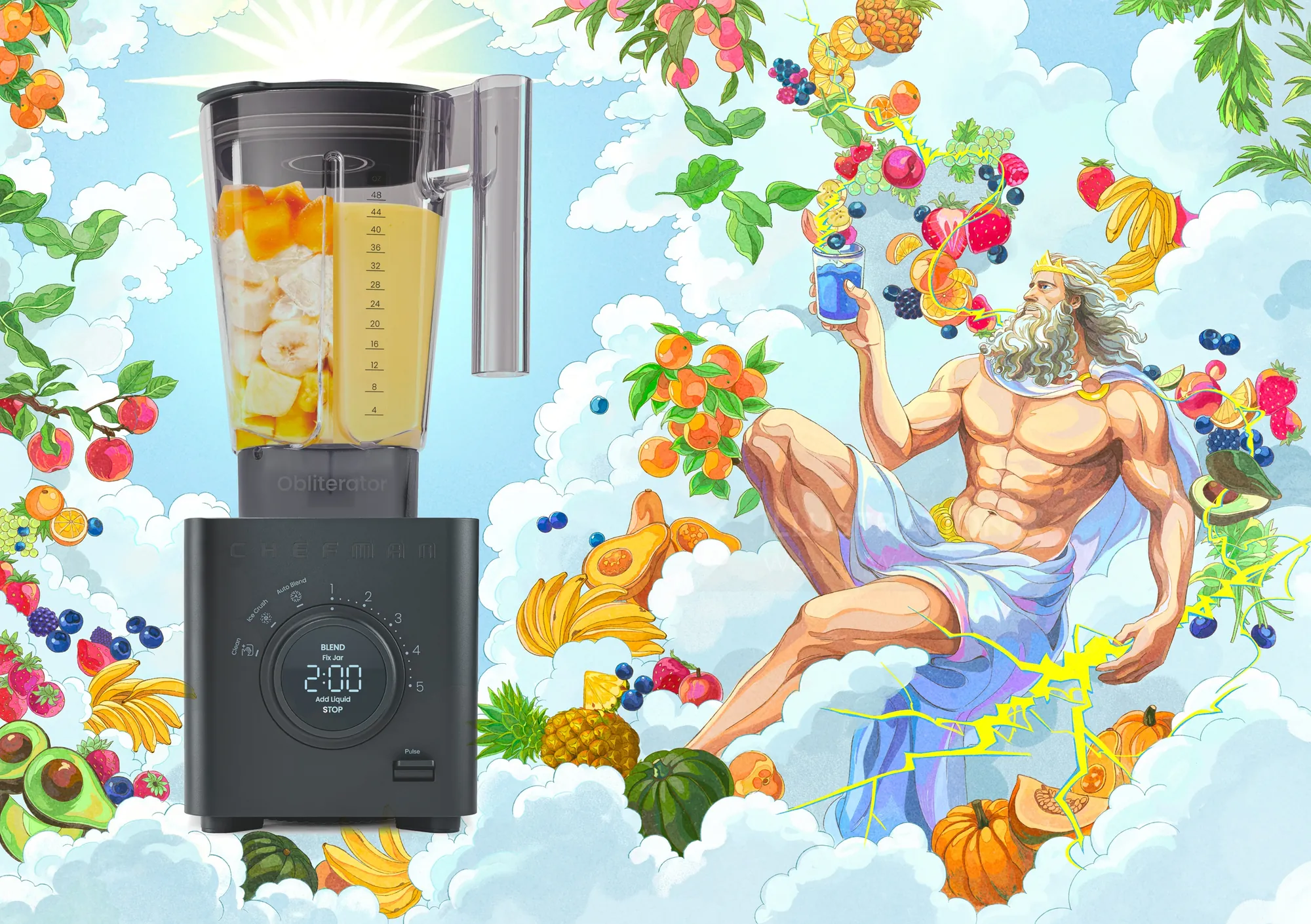 Chefman Obliterator blender surrounded by colorful fruits and Zeus illustration