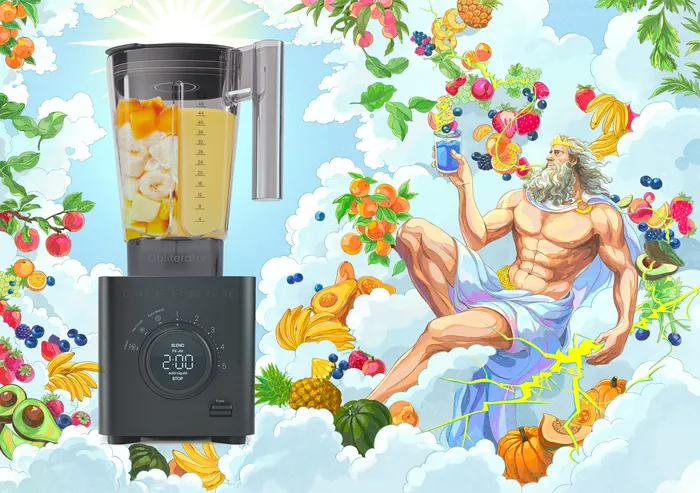 Chefman Obliterator blender surrounded by colorful fruits and Zeus illustration