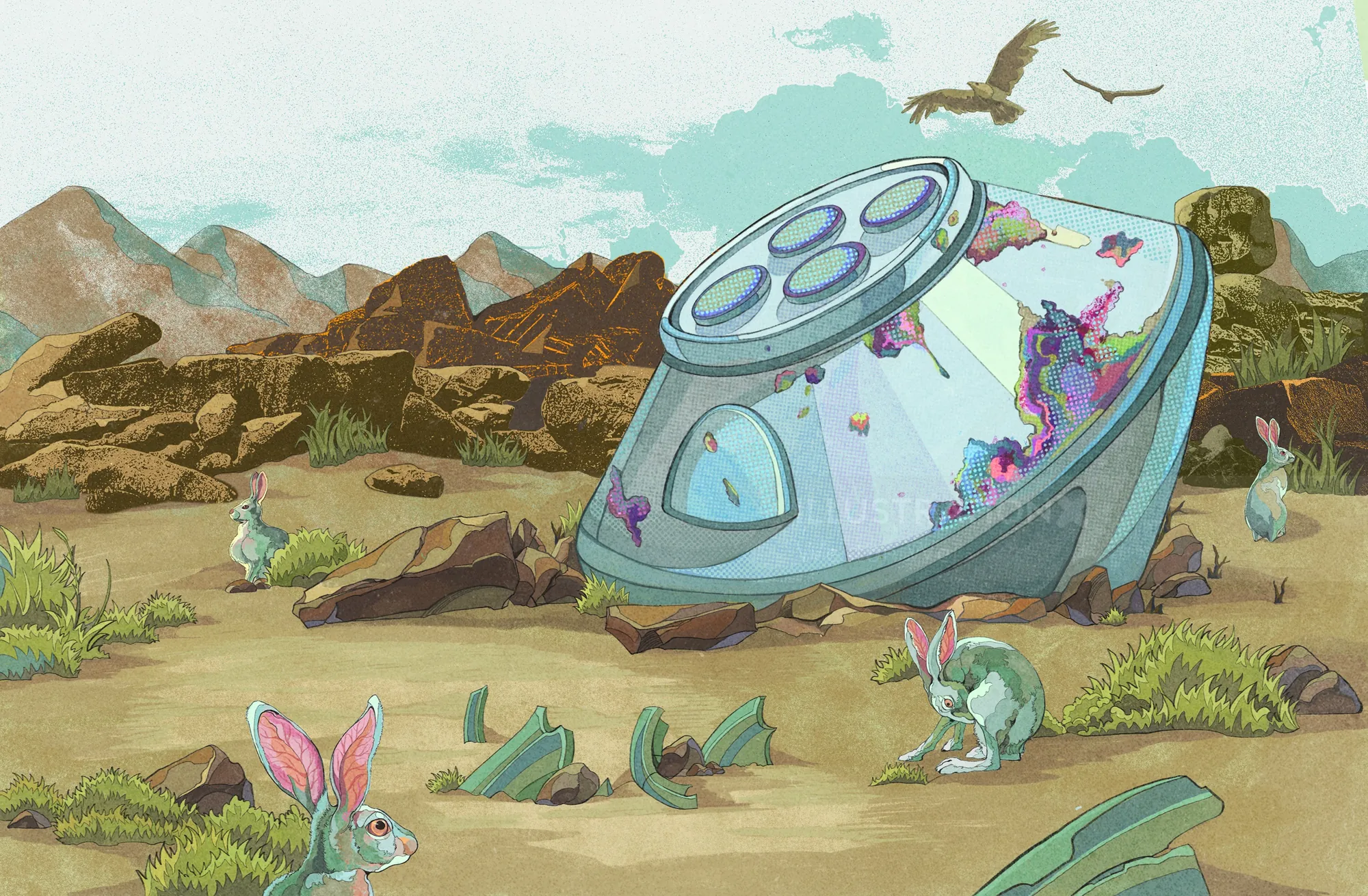 Illustration of a crashed UFO with rabbits in a desert landscape