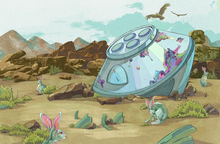 Illustration of a crashed UFO with rabbits in a desert landscape