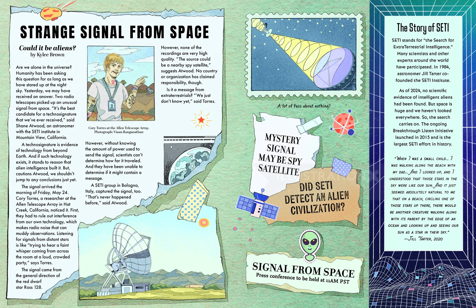 Illustration of a UFO signal detected from space with scientists and satellites