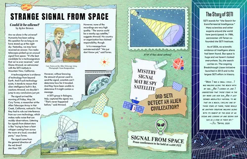 Illustration of a UFO signal detected from space with scientists and satellites