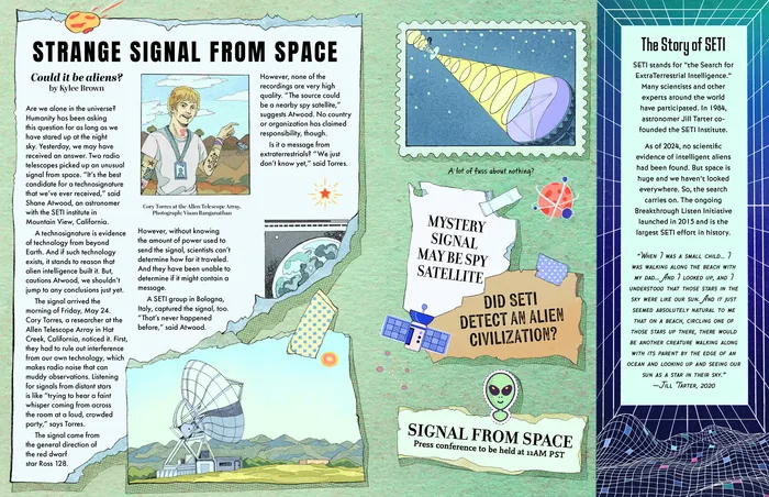 Illustration of a UFO signal detected from space with scientists and satellites
