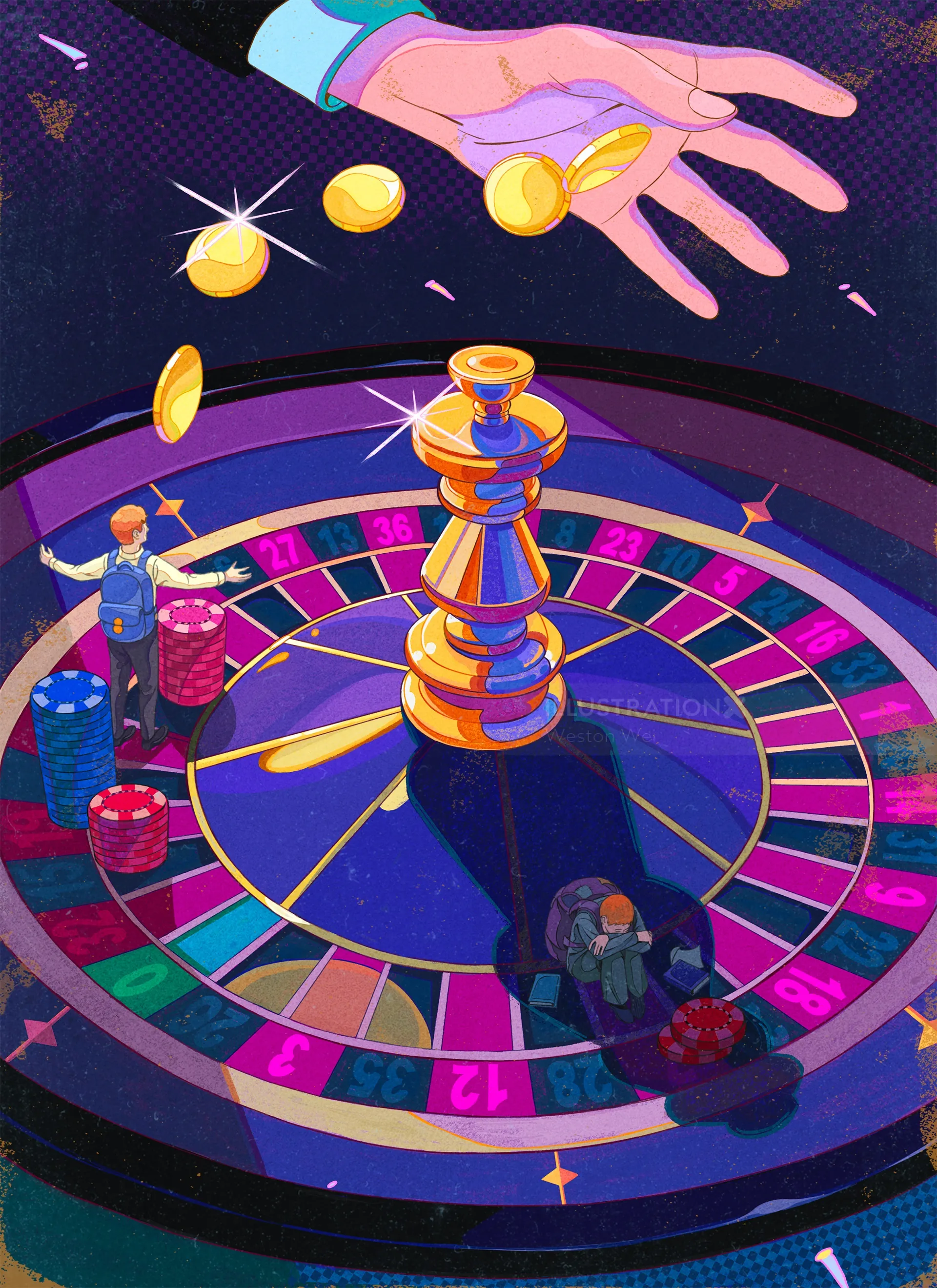 Roulette wheel with chess king piece, dice, and gold coins by Weston Wei