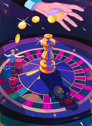 Roulette wheel with chess king piece, dice, and gold coins by Weston Wei