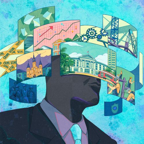 Silhouetted businessman with city and data graphics around his head by Weston Wei