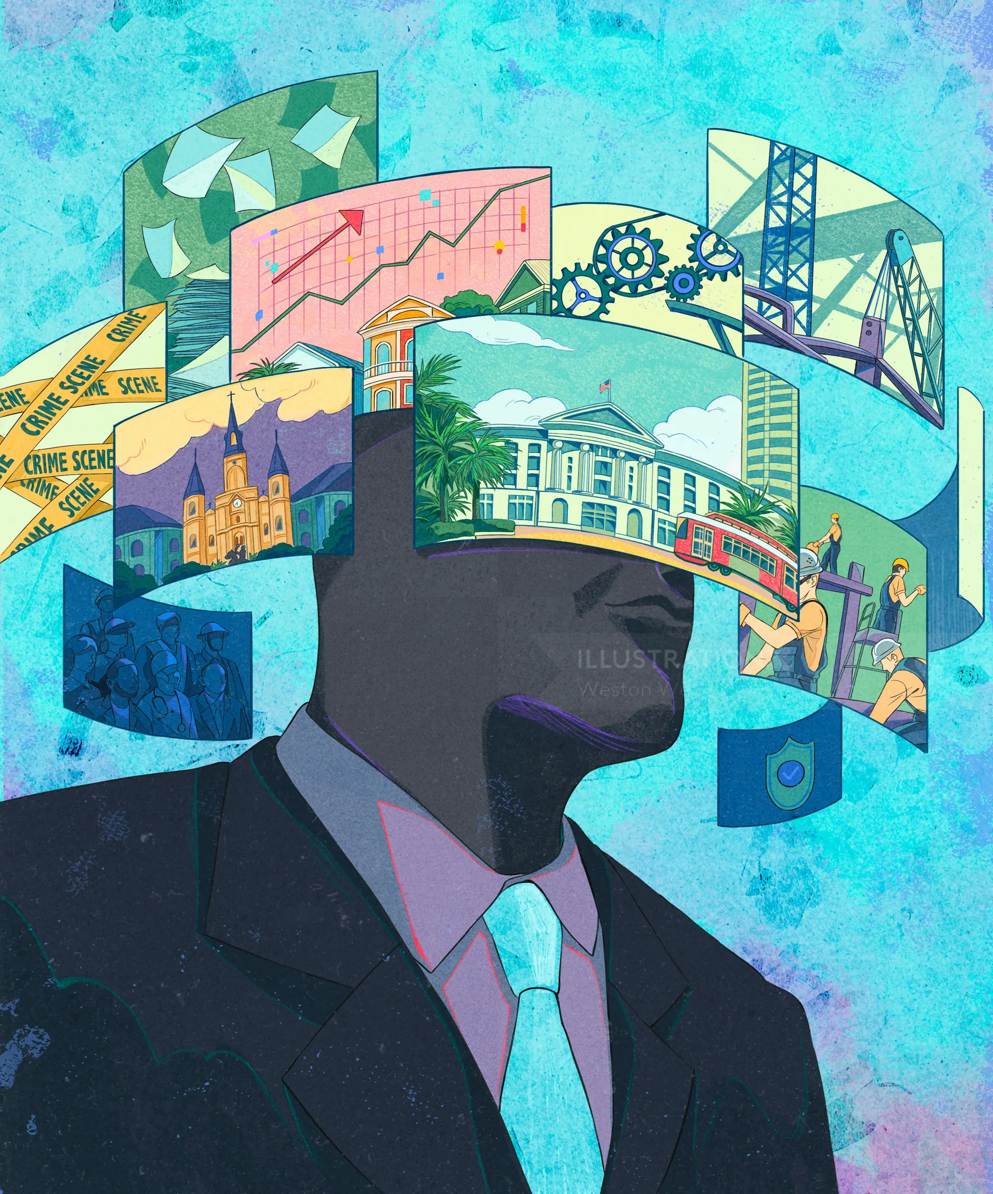 Silhouetted businessman with city and data graphics around his head by Weston Wei
