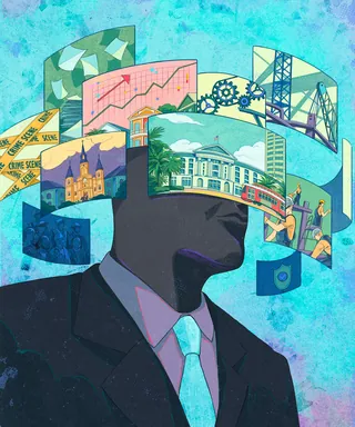 Silhouetted businessman with city and data graphics around his head by Weston Wei