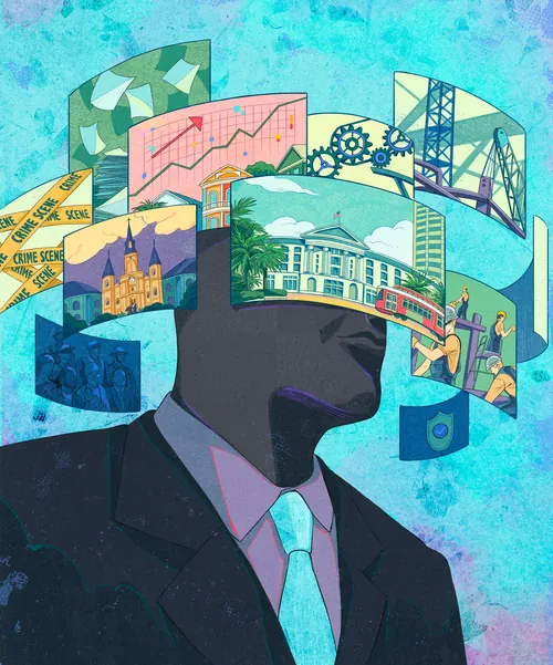Silhouetted businessman with city and data graphics around his head by Weston Wei