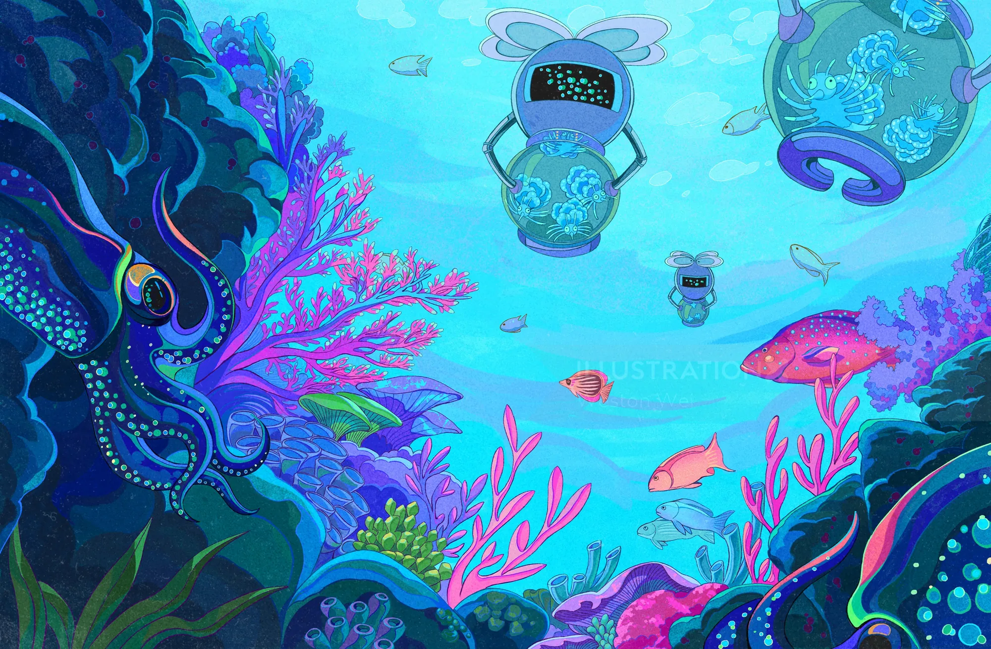 Underwater scene with divers, octopus, and vibrant sea life by Weston Wei