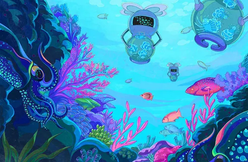 Underwater scene with divers, octopus, and vibrant sea life by Weston Wei