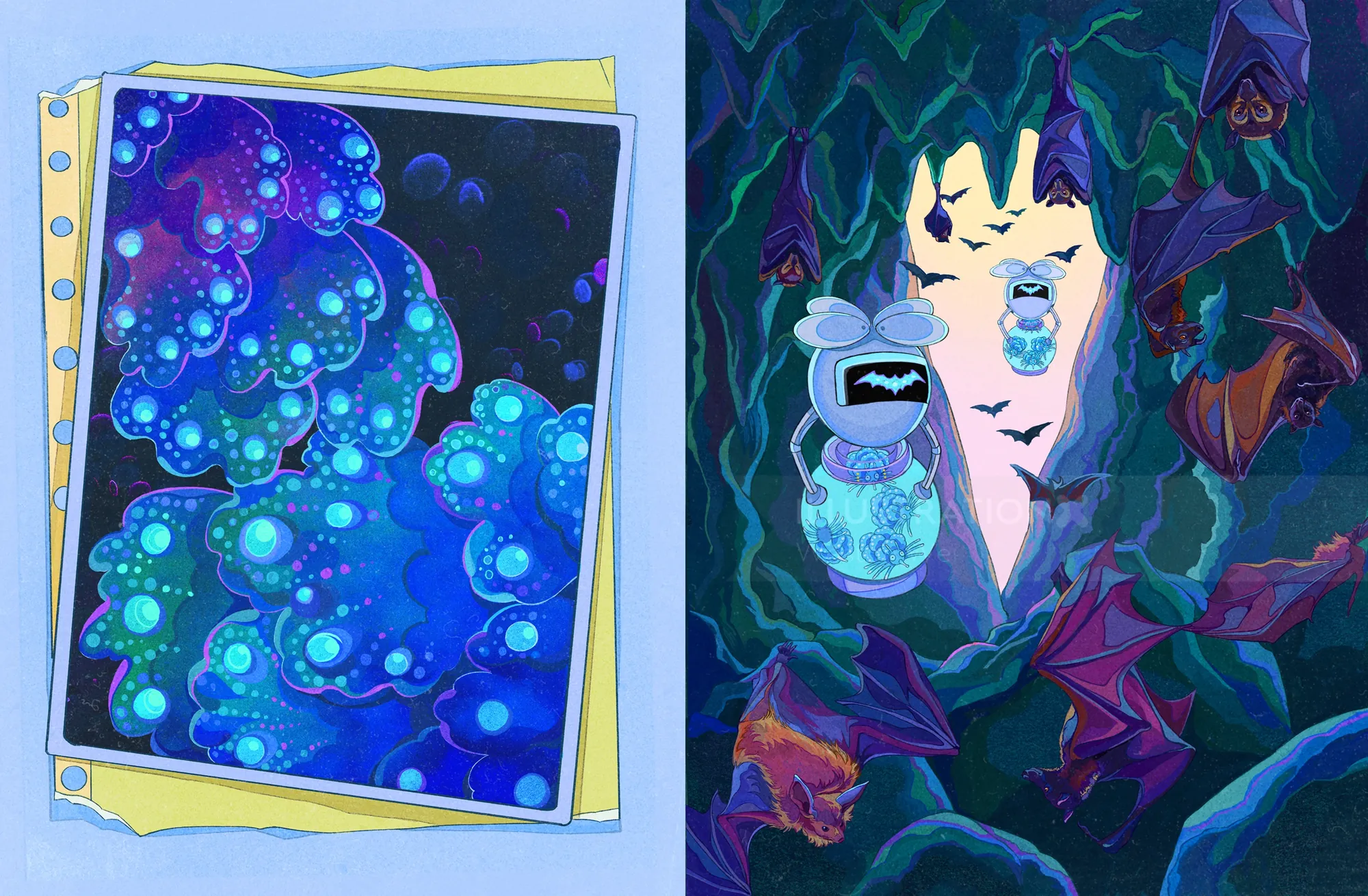 Colorful surreal illustration with mysterious creatures by Weston Wei