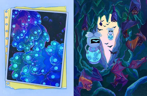 Colorful surreal illustration with mysterious creatures by Weston Wei