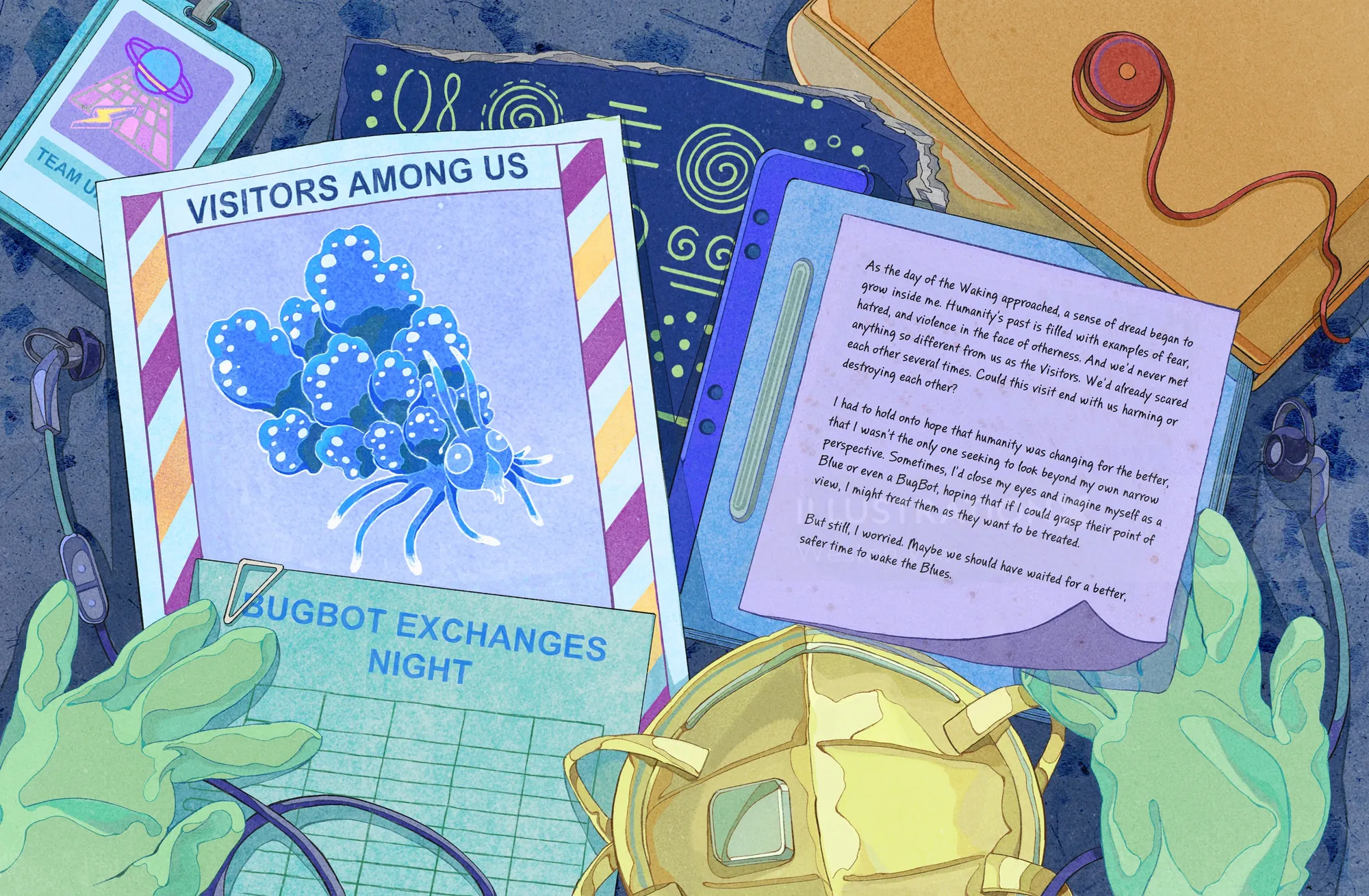 Illustration of hands holding visitor files and jugbot image, by Weston Wei