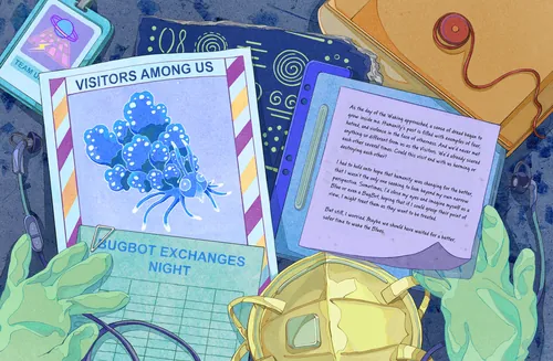 Illustration of hands holding visitor files and jugbot image, by Weston Wei