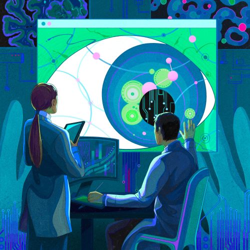 Scientists examining data visualization on screen by Weston Wei