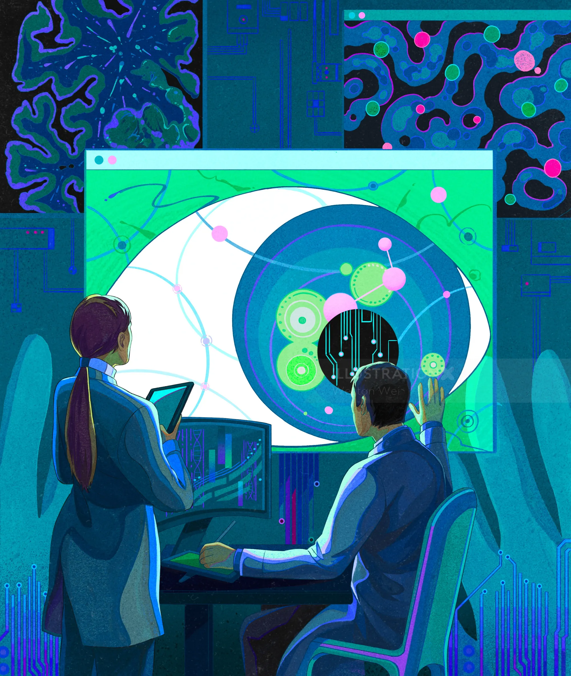 Scientists examining data visualization on screen by Weston Wei