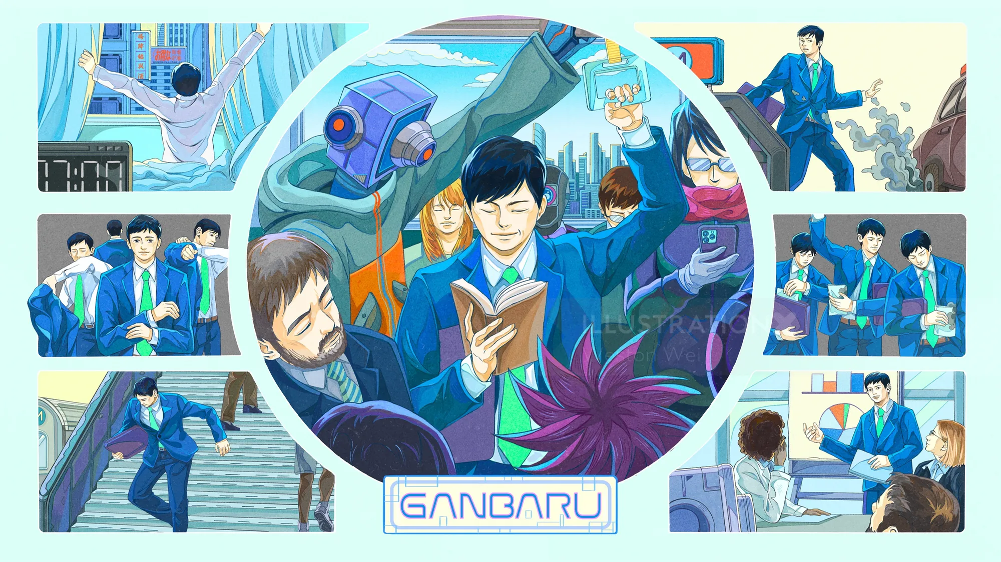 Sequential illustration showing men in suits in various dynamic scenes by Weston Wei