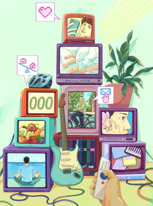 Stack of retro TVs showing various scenes with guitar and plant by Weston Wei
