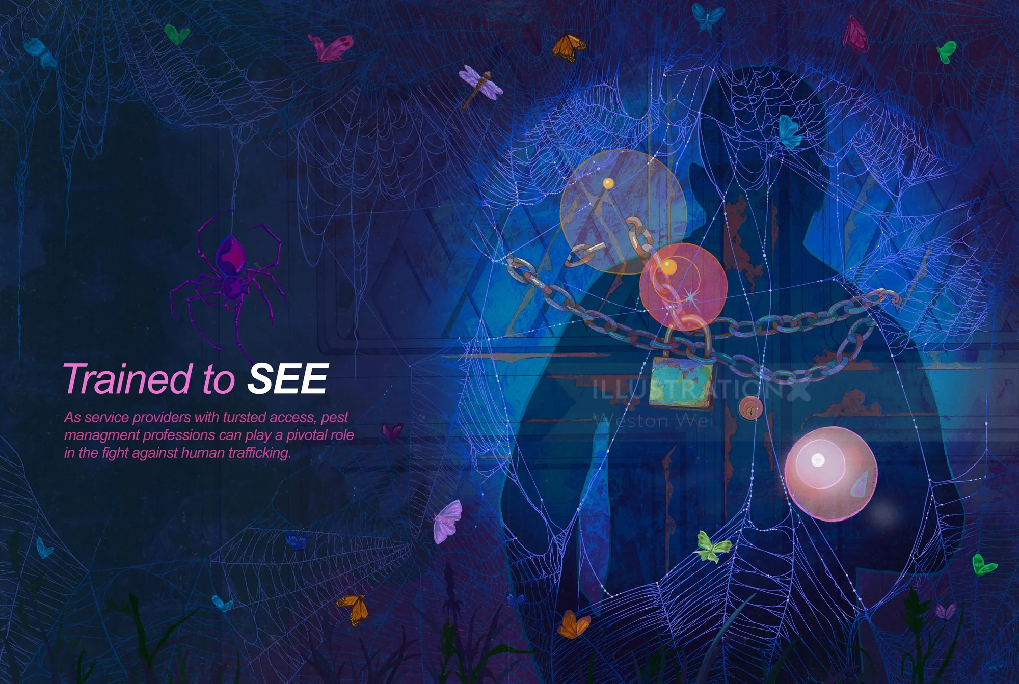 Illustration with spider webs, chains, and orbs by Weston Wei